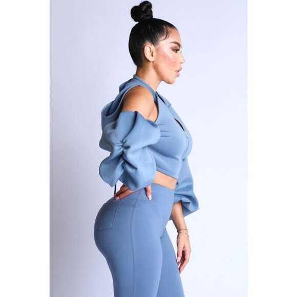 Women's Cold Shoulder Puff Sleeve Crop Top With Hoodie And Matching Pants Set - Picture 4 of 4